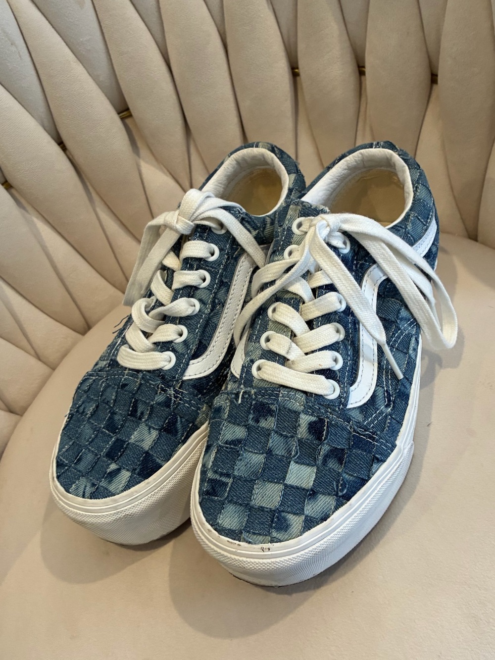 Vans Blue Denim Checkerboard Old Skool Sneakers